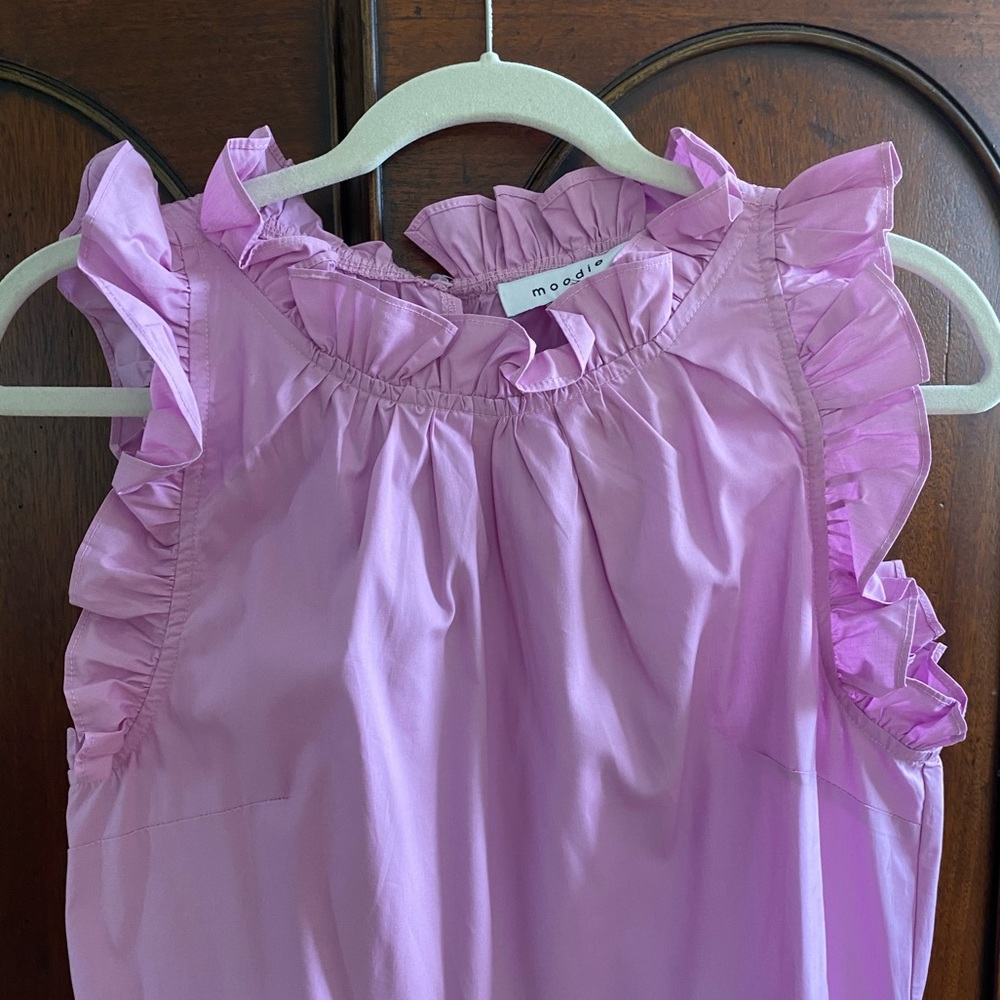 Lavender dress with tiered skirt and ruffle detail